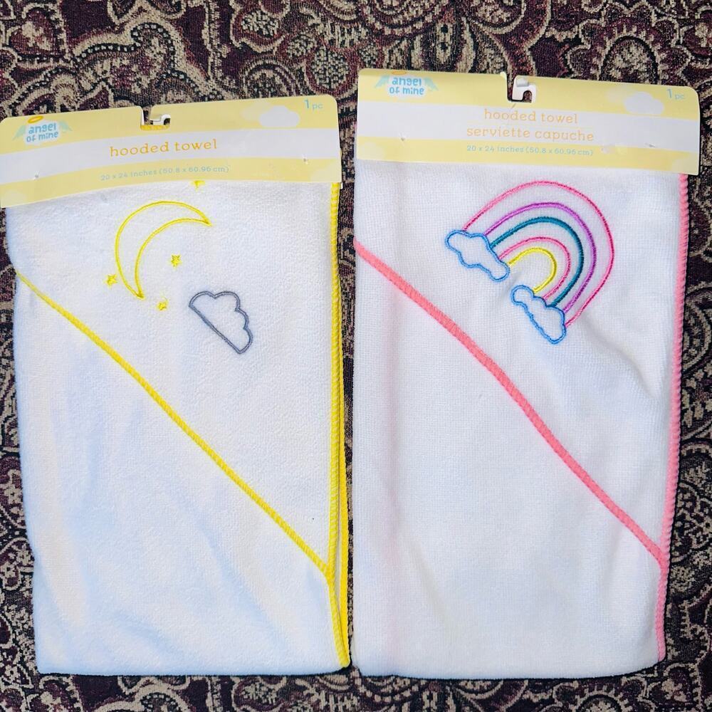 NIP Angel Of Mine Baby / Infant Hooded Towel Rainbow/Moon Design Bundle Of 2